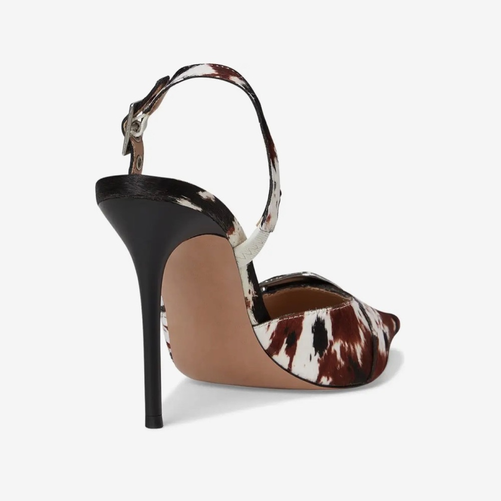 Steve Madden Brown White Cow Print Pointed Slingback Heels with Silver Buckles - Picture 7 of 12